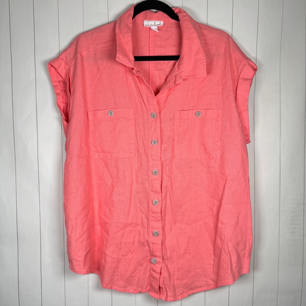 Isabel Maternity Ingrid + Isabel Linen/Rayon Pink Button Blouse Top Lagenlook L